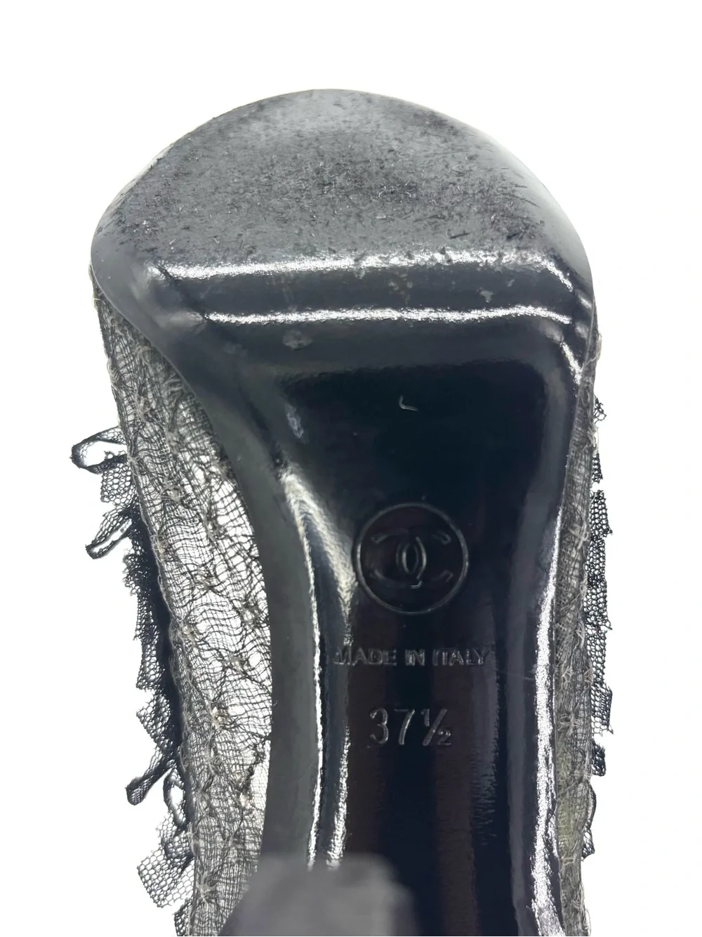 Chanel 2012 Lagerfeld CC Logo Black Ruffle Cap Toe Pumps 37.5